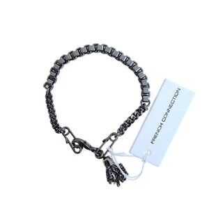 French Connection Gunmetal Silver Gray Safety Pins Tassel Bracelet